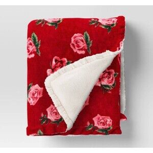 Rose Printed Plush Throw with Faux Shearling Reverse Ruffled Trim Red Threshold